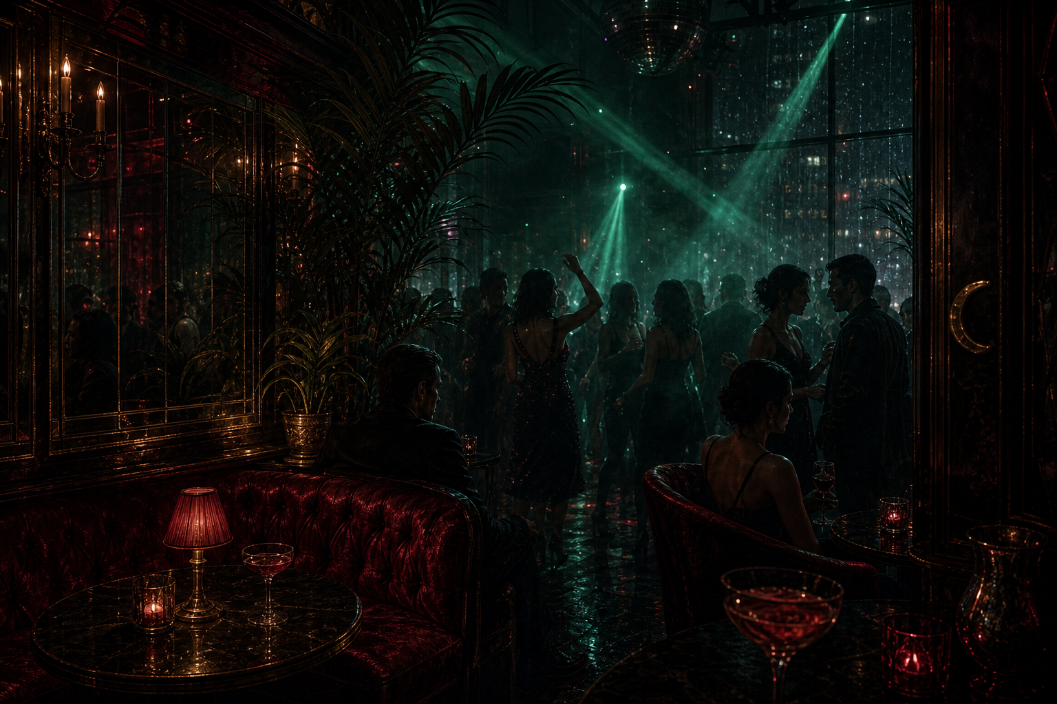 MojitoSquito dance floor with red booths, palms, and green nightclub light