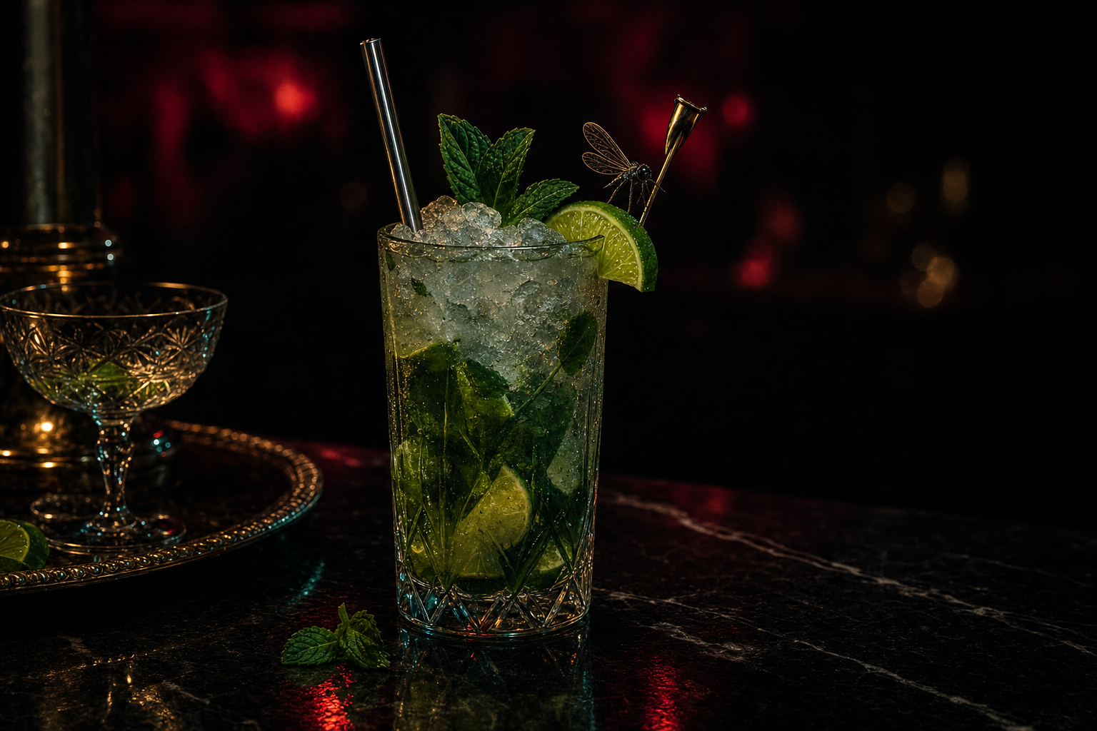 A MojitoSquito cocktail with crushed mint, lime, and a tiny insect-shaped pick